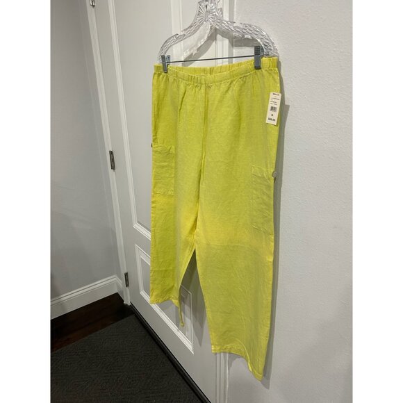 Hot Cotton Cropped Cargo Pants Green Lime Sz Medium Pull On Elastic Waist NWT - Picture 3 of 11